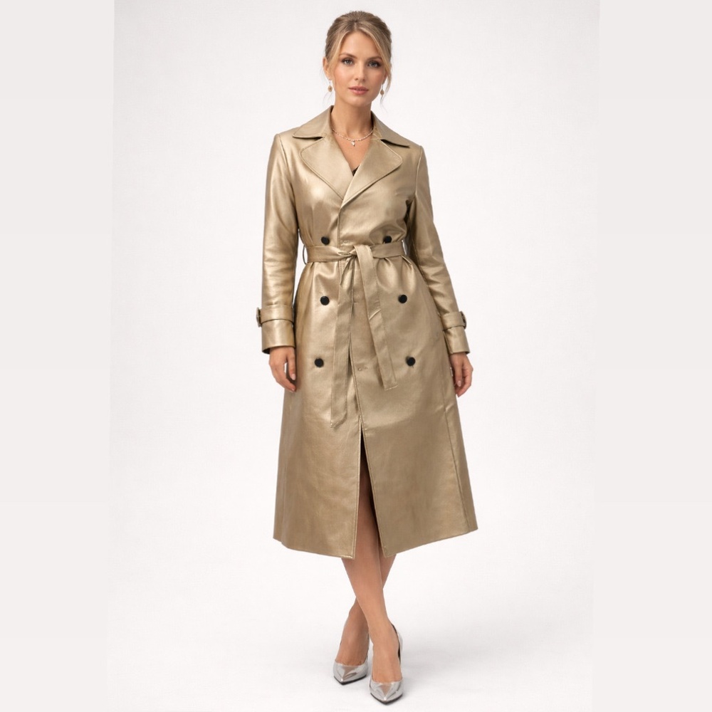 NWT Peach Metallic Trench Leather Coat in Large